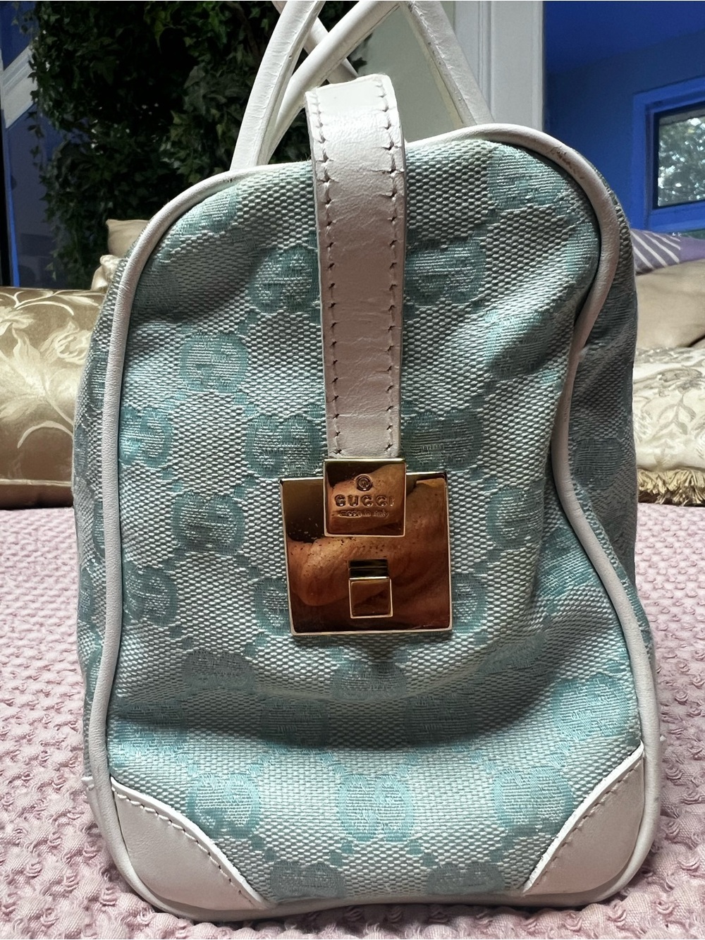 Gucci Vintage Light Blue/Teal GG Canvas Boston Satchel Bag - Picture 2 of 13